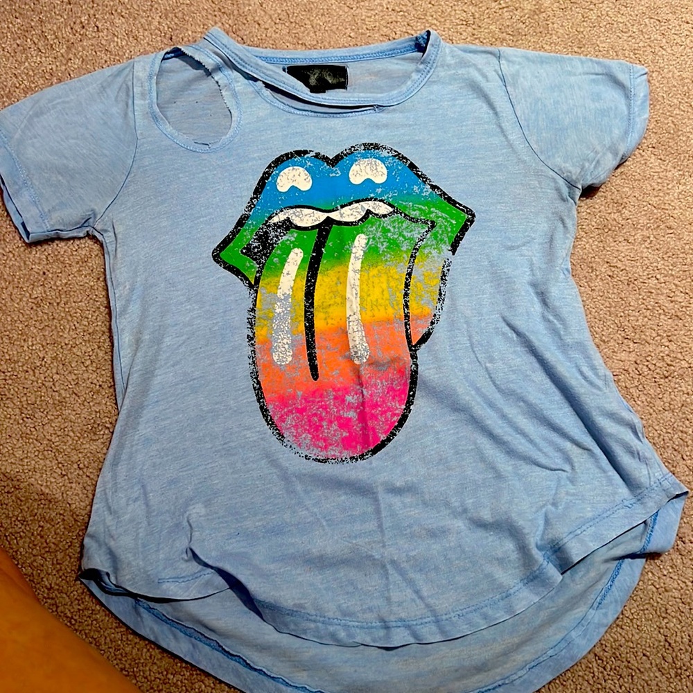 Chic2 Chic Light blue T-shirt with lip/tongue rainbow logo L-14